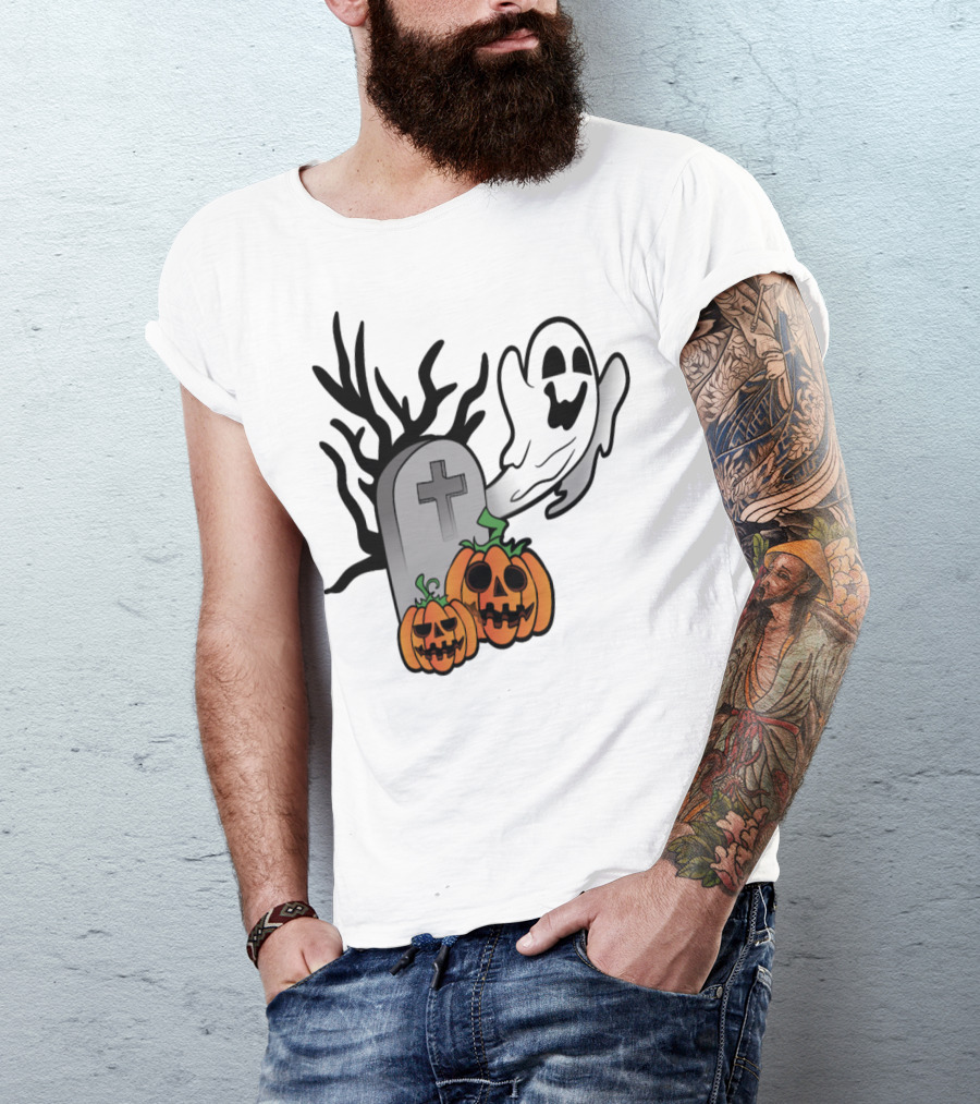 Ghostly Halloween Pumpkins And Scary Grave Stone Fright T-Shirt