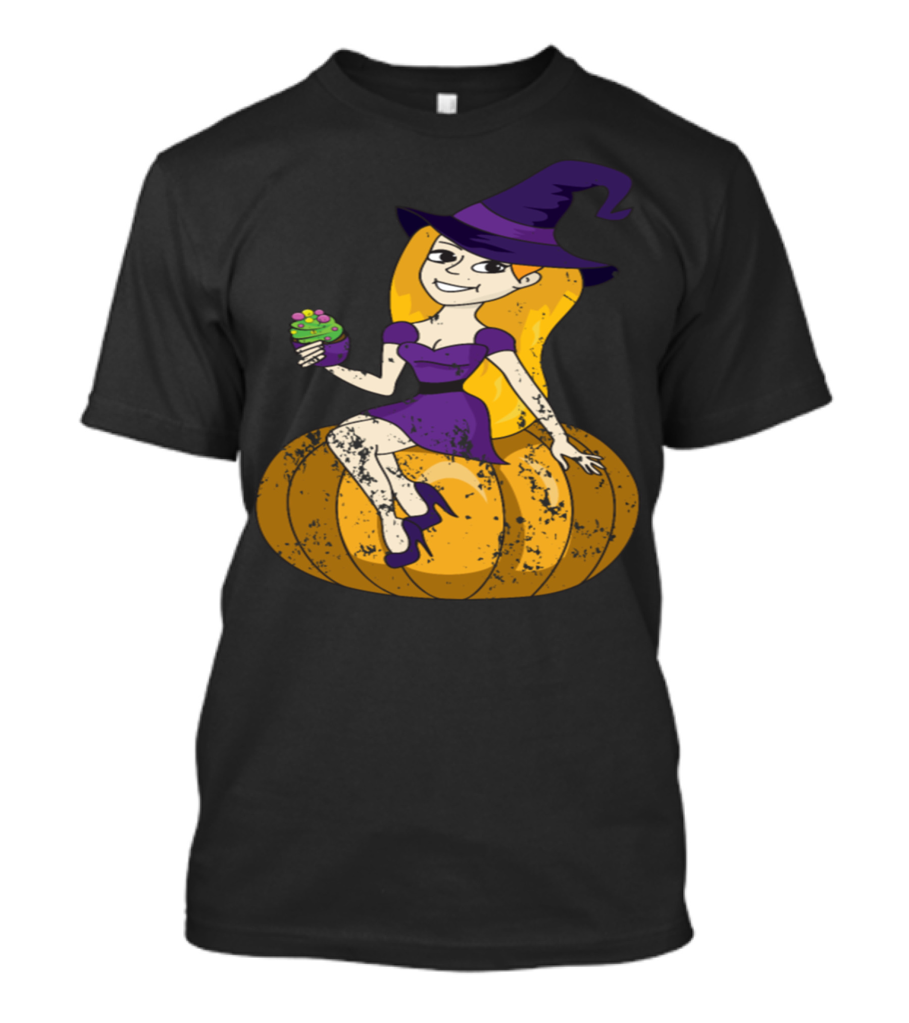 Retro Vintage Grunge Style Witch On Pumpkin With Cupcake T-Shirt