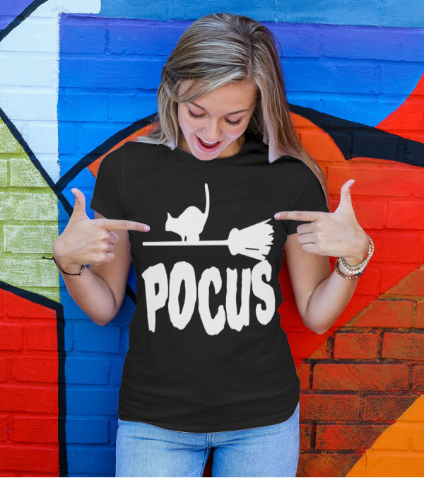 Pocus Black Cat On Broomstick T-Shirt