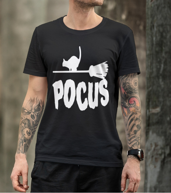 Pocus Black Cat On Broomstick T-Shirt