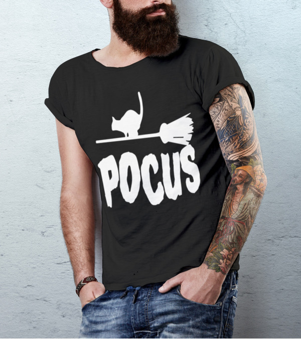 Pocus Black Cat On Broomstick T-Shirt