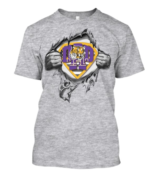 Superdad Lsu Tigers Iconic Tiger Face Logo IN Superhero S Chest Ripped Effect T-Shirt