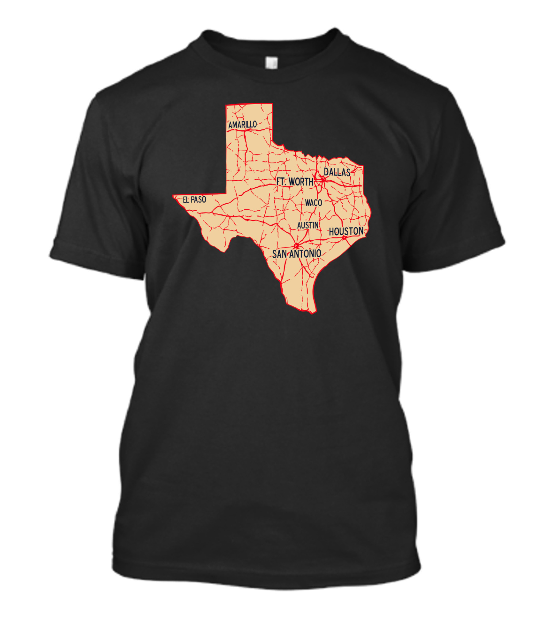 Texas Map Amarillo El Paso Dallas Houston Austin San Antonio Ft. Worth Waco T-Shirt