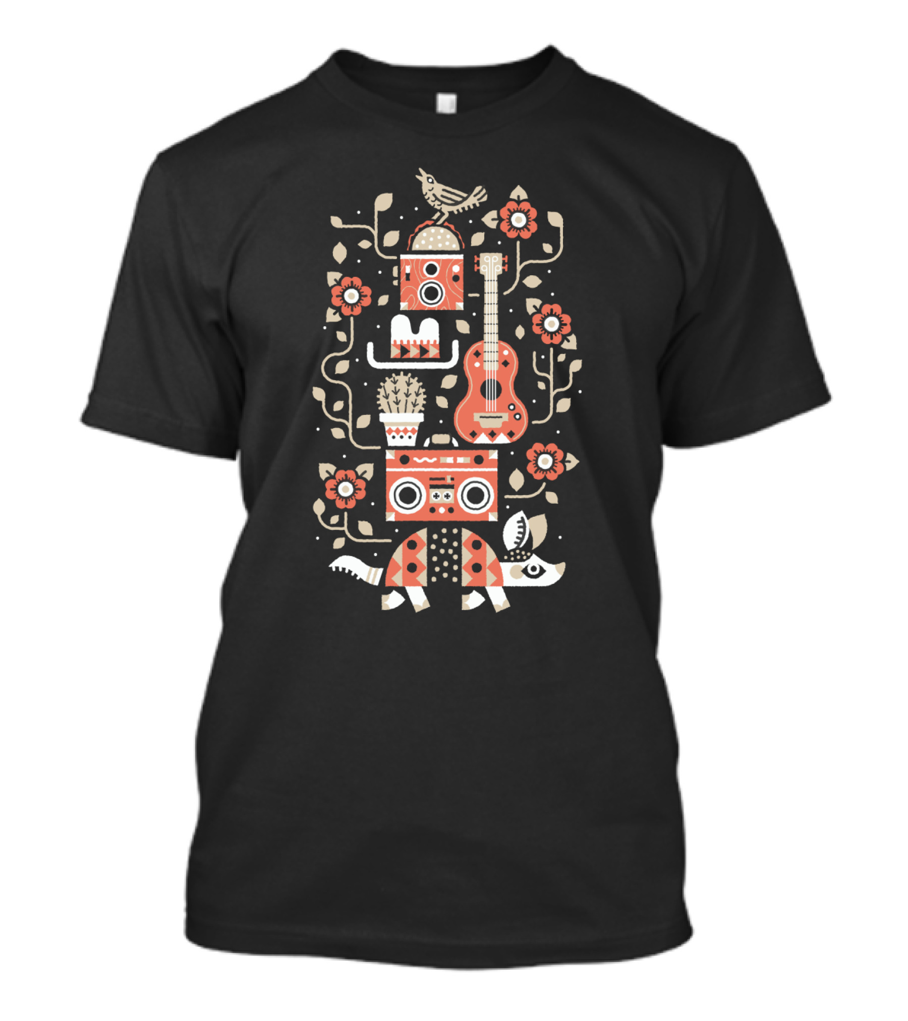 Groovy Armadillo With Guitar Boombox And Floral Elements T-Shirt