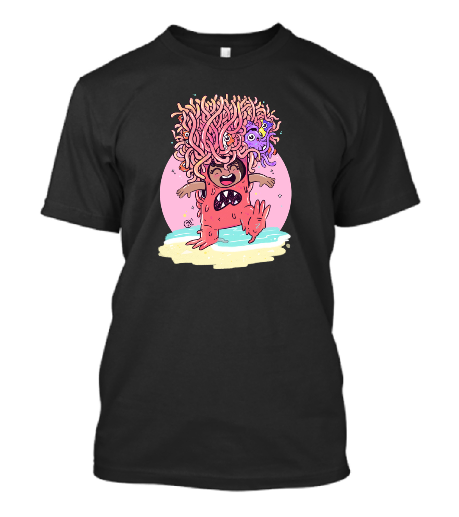 Anenome Cartoon Character With Tentacle Hair And Smiling Face In Pink Circle T-Shirt
