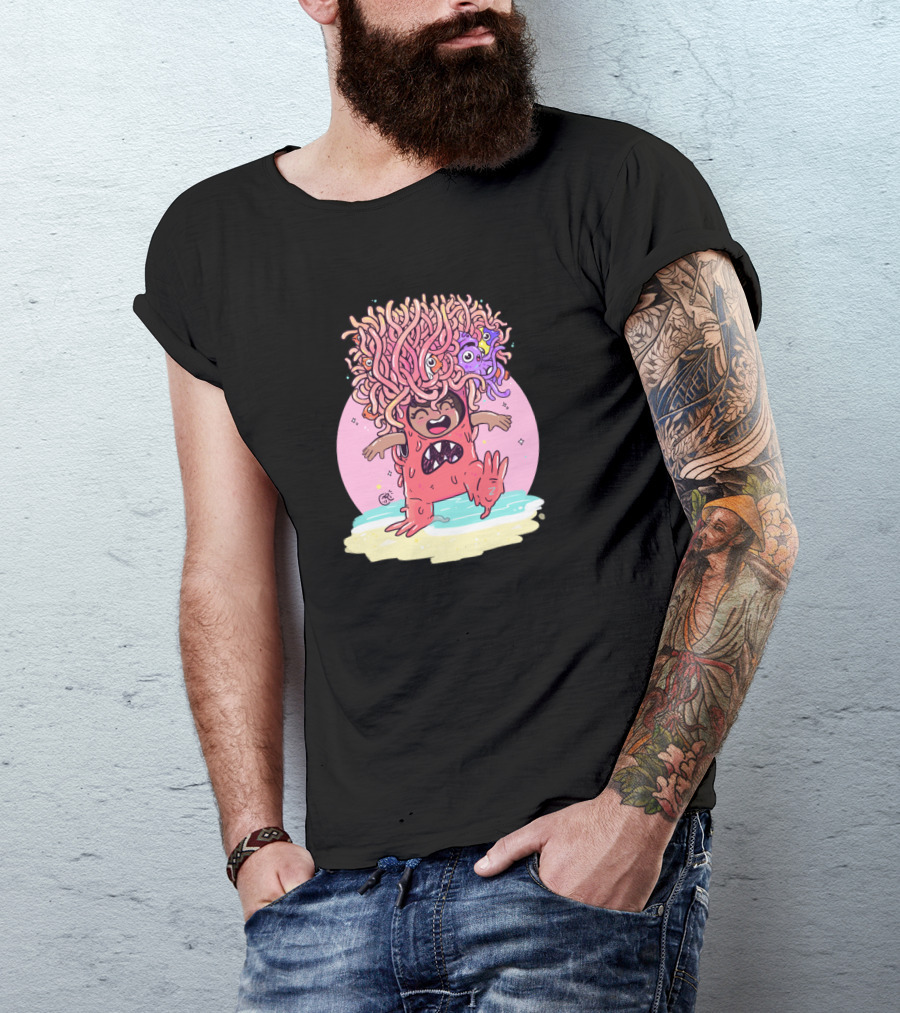 Anenome Cartoon Character With Tentacle Hair And Smiling Face In Pink Circle T-Shirt