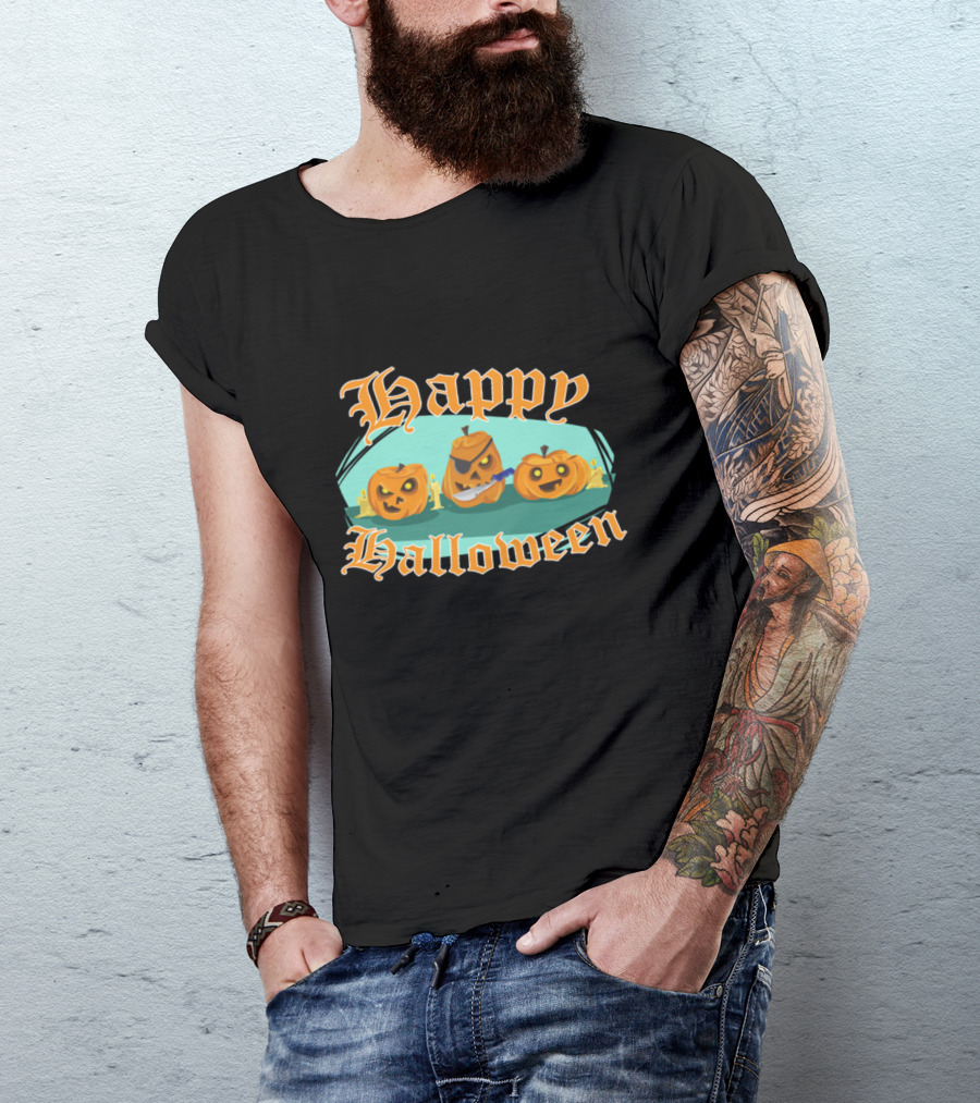 Happy Halloween With Scary Pumpkins And Knife T-Shirt