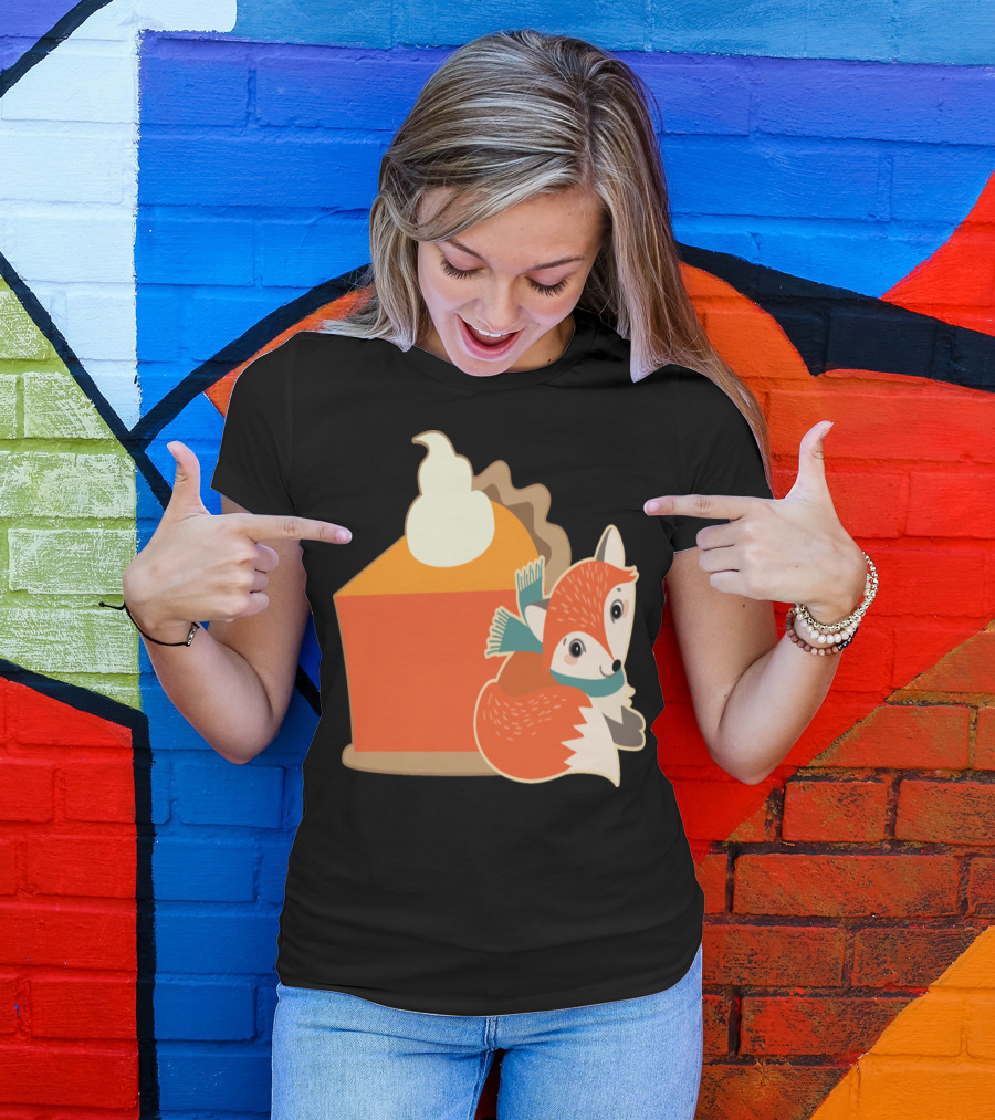 Thanksgiving Pumpkin Pie With Whipped Cream Fox And Scarf T-Shirt
