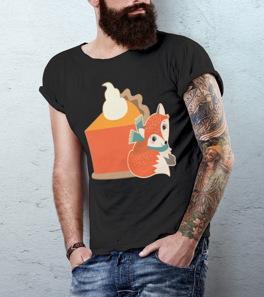 Thanksgiving Pumpkin Pie With Whipped Cream Fox And Scarf T-Shirt