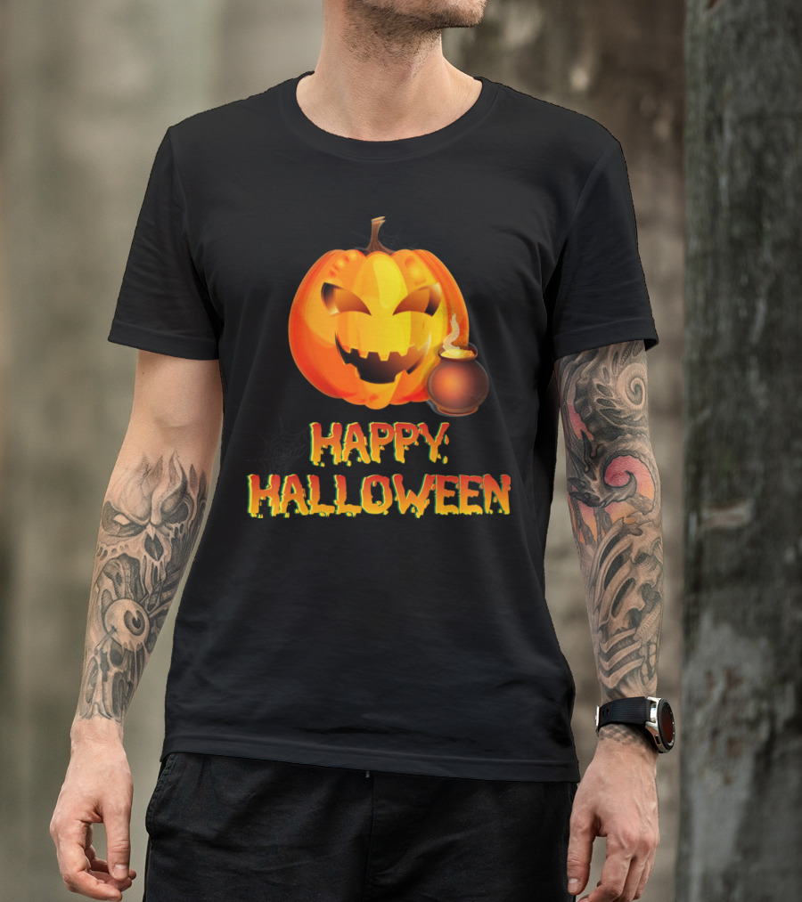 Happy Halloween Cartoon Pumpkin With Cauldron Porridge T-Shirt