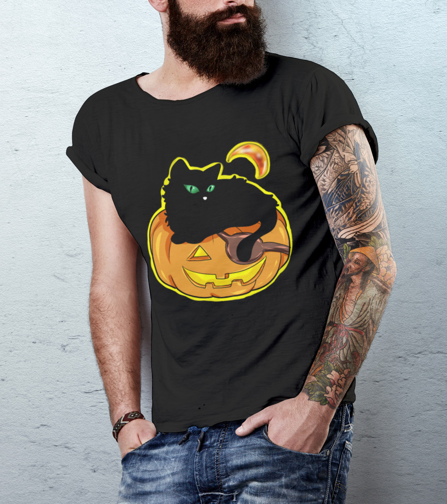 Black Cat On Jack-O'-Lantern With Crescent Moon - Halloween Pumpkin T-Shirt