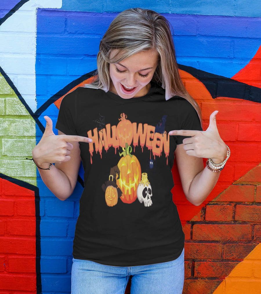 Halloween Pumpkin Skull Bat Spider With Witch Hat And Dripping Orange Text T-Shirt