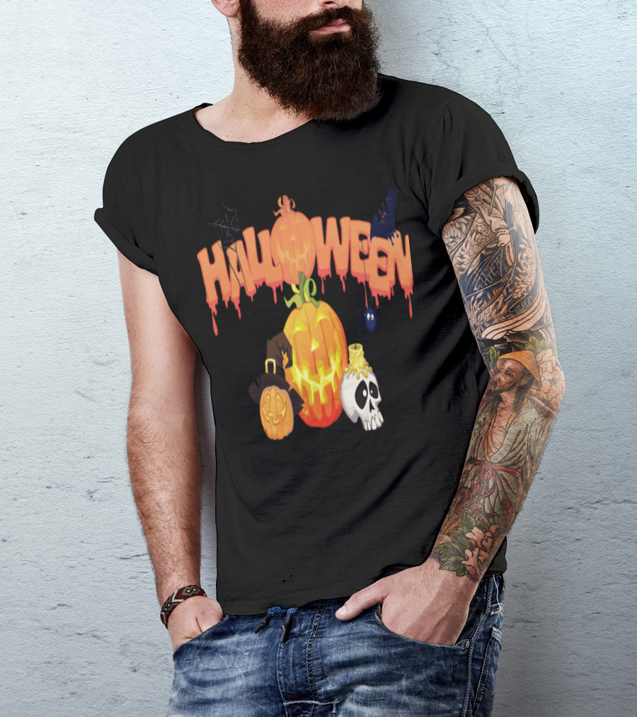 Halloween Pumpkin Skull Bat Spider With Witch Hat And Dripping Orange Text T-Shirt