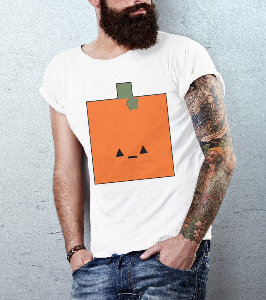 Kawaii Pumpkin Square Face With Leaf T-Shirt