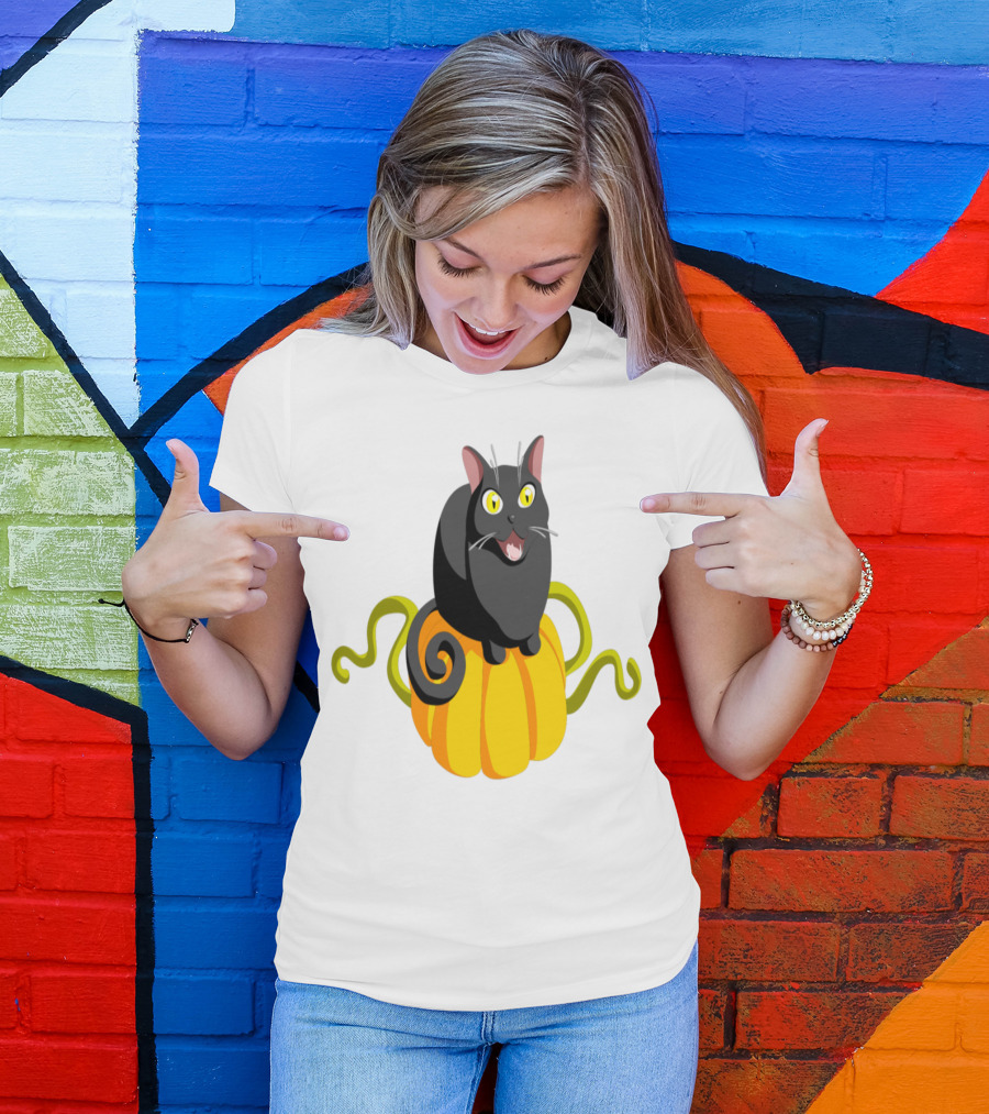 Playful Black Cat On Golden Pumpkin With Green Vines T-Shirt