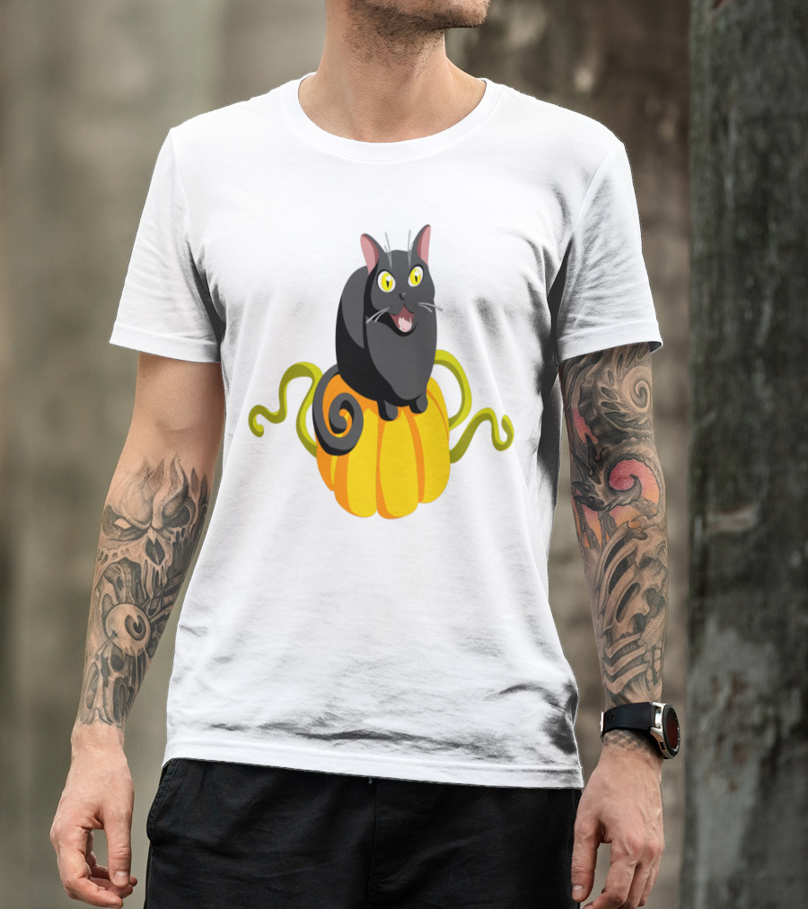 Playful Black Cat On Golden Pumpkin With Green Vines T-Shirt