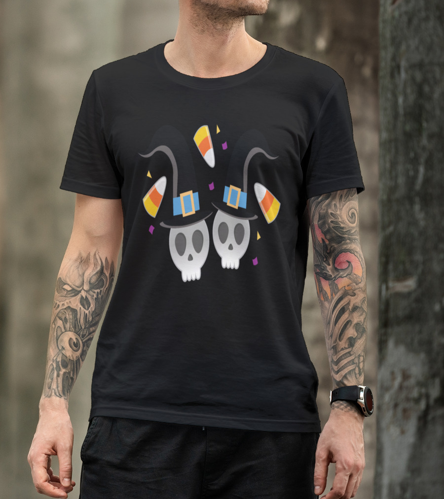 Skeleton Skulls With Witch Hats And Candy Corn Halloween Fun T-Shirt