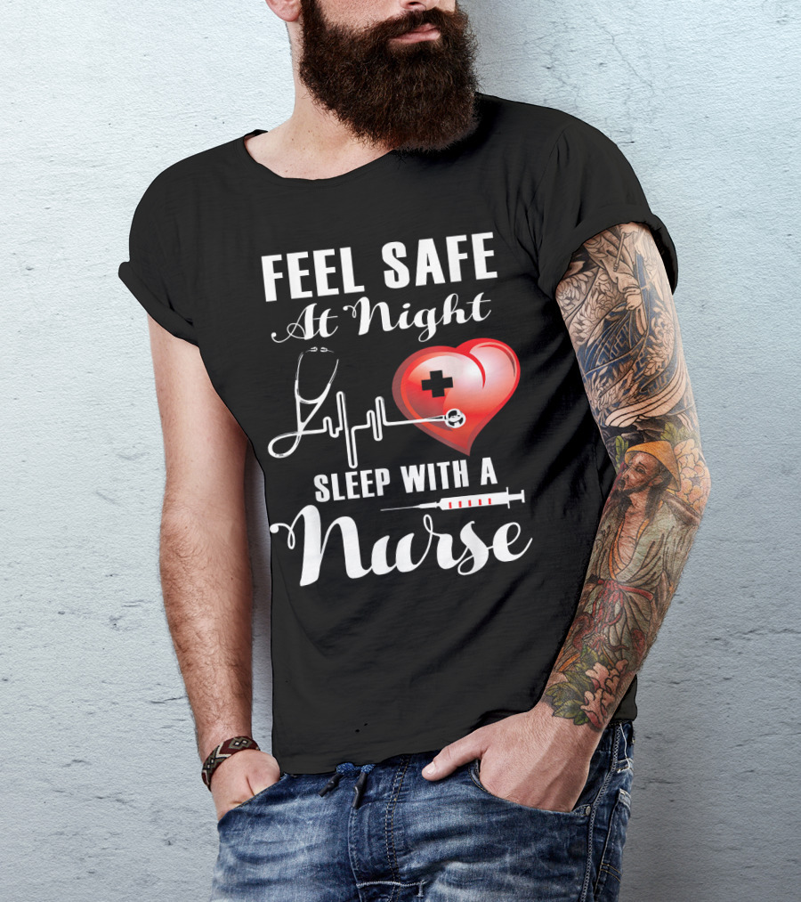 Feel Safe At Night Sleep With A Nurse Heartbeat Stethoscope Red Heart T-Shirt