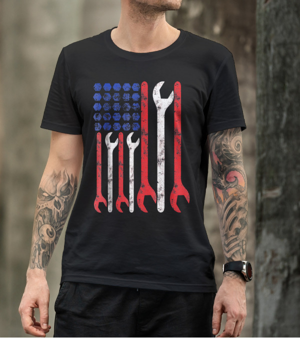 Mechanic American Flag Wrench Tools Funny Mec T-Shirt