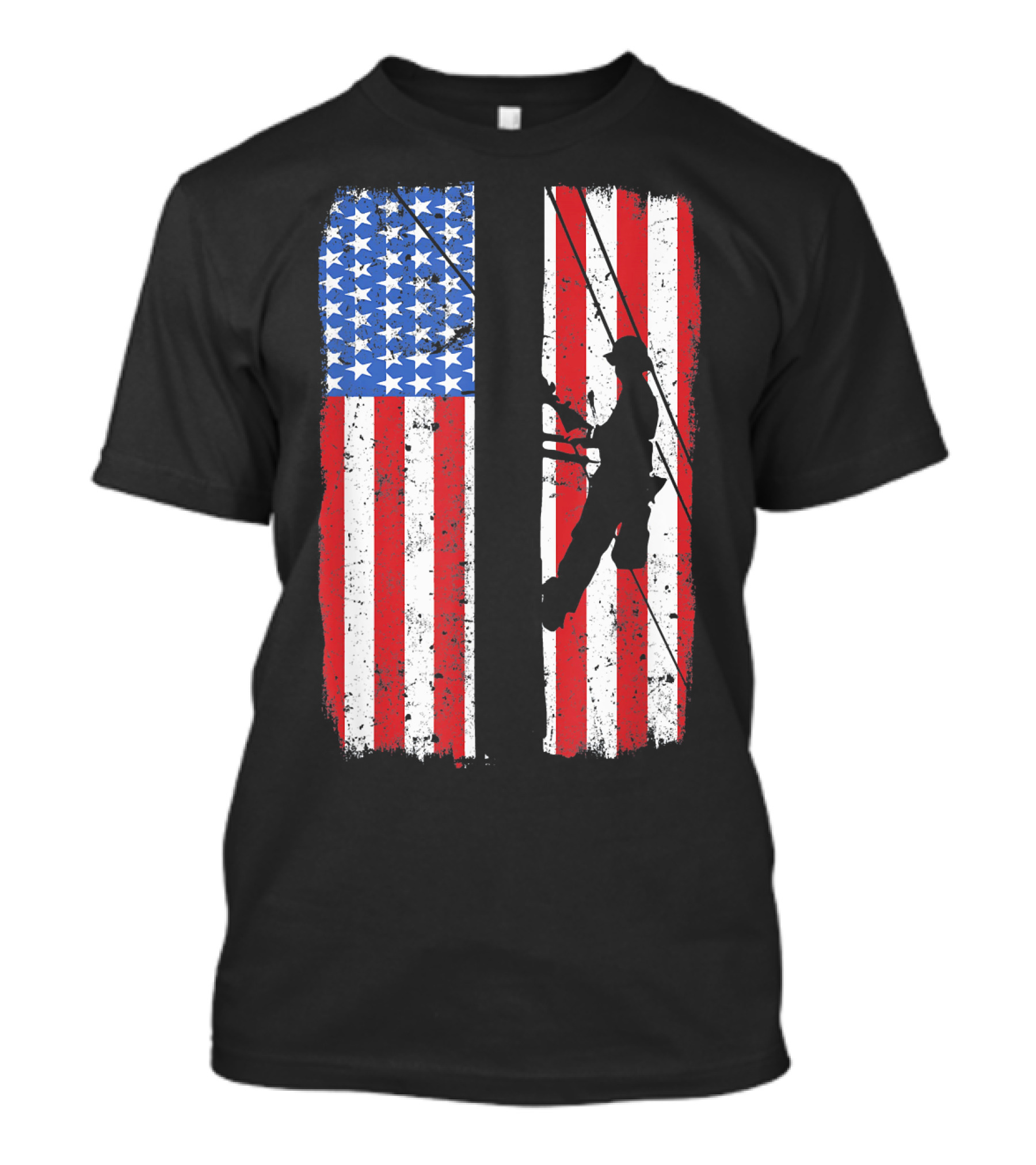 Lineman Silhouette On Distressed American Flag For Linework T-Shirt