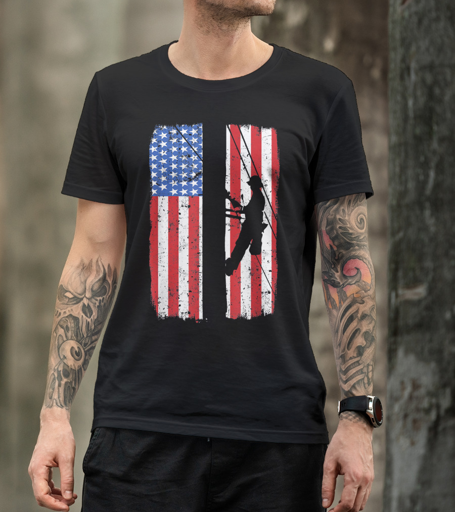 Lineman Silhouette On Distressed American Flag For Linework T-Shirt