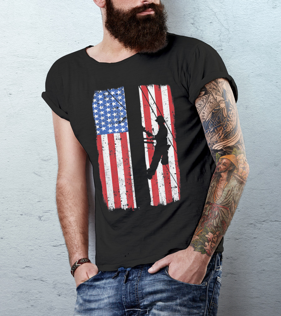 Lineman Silhouette On Distressed American Flag For Linework T-Shirt