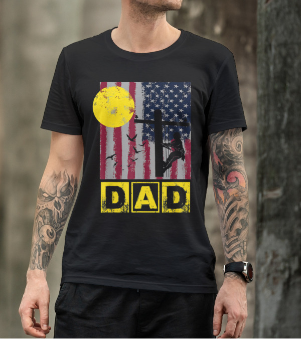 Lineman Dad American Flag Sun And Birds T-Shirt