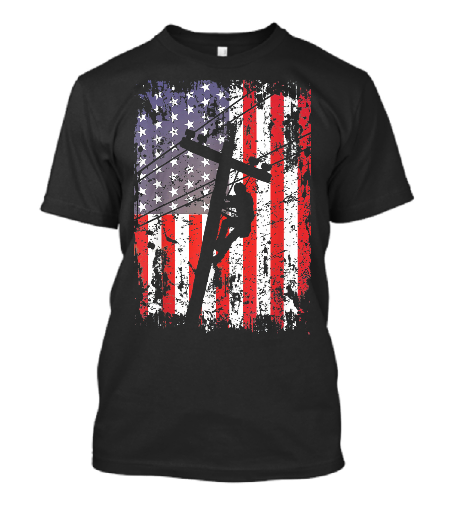 Lineman Climbing Pole On American Flag USA Patriotic Line T-Shirt