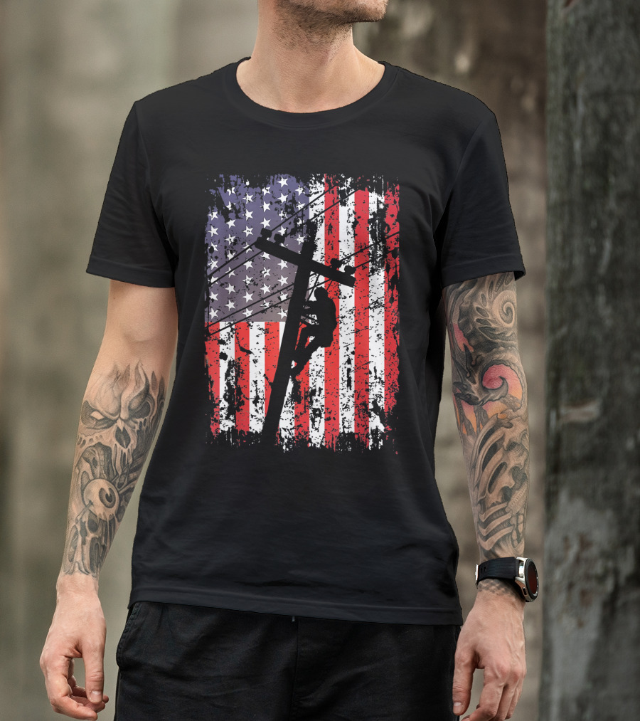Lineman Climbing Pole On American Flag USA Patriotic Line T-Shirt