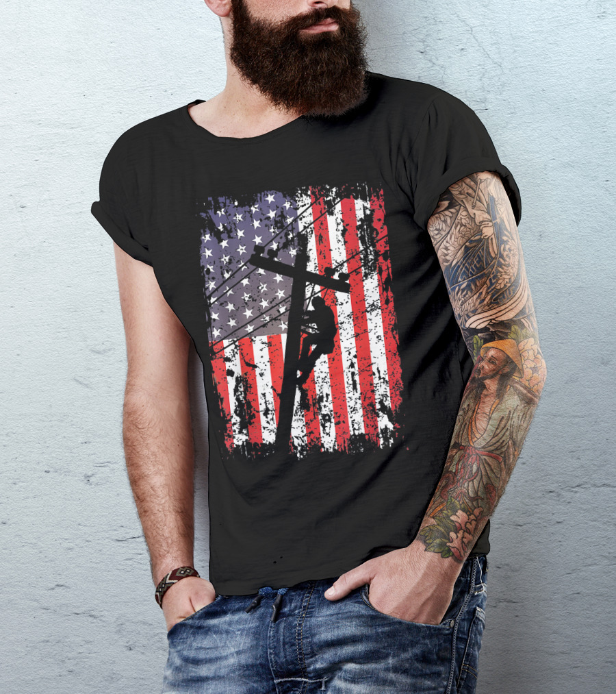 Lineman Climbing Pole On American Flag USA Patriotic Line T-Shirt