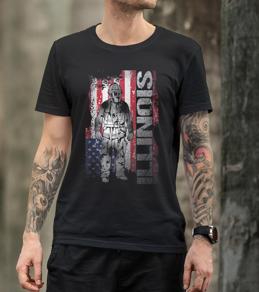 Illinois Firefighter With USA Flag Background T-Shirt