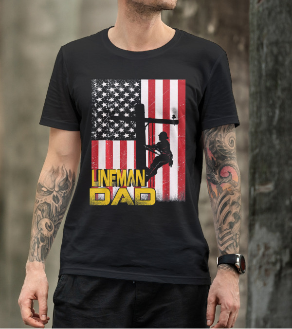 Lineman Dad Electrician American Flag Distressed Worker T-Shirt