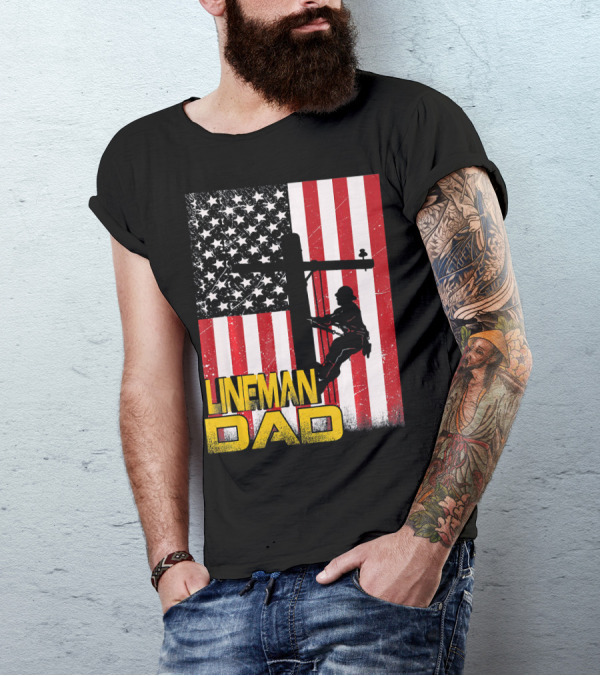Lineman Dad Electrician American Flag Distressed Worker T-Shirt