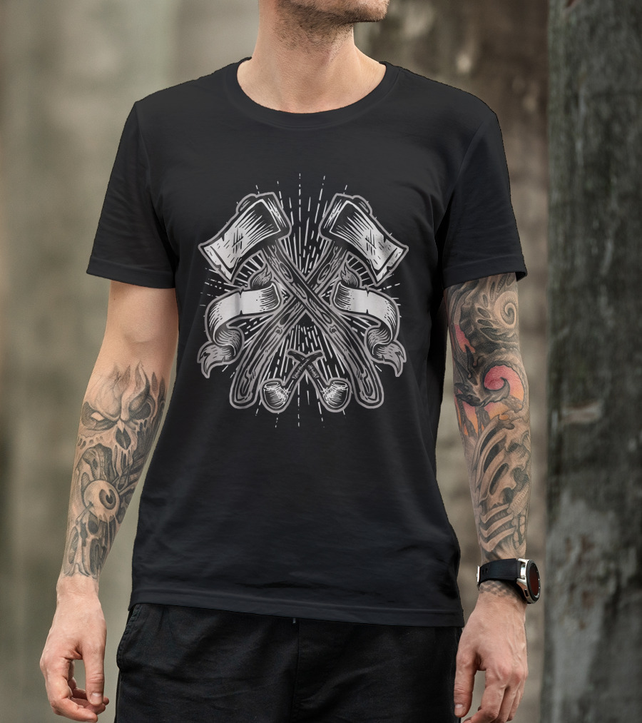 Lumberjack Woodcutter Axes And Pipes Emblem T-Shirt