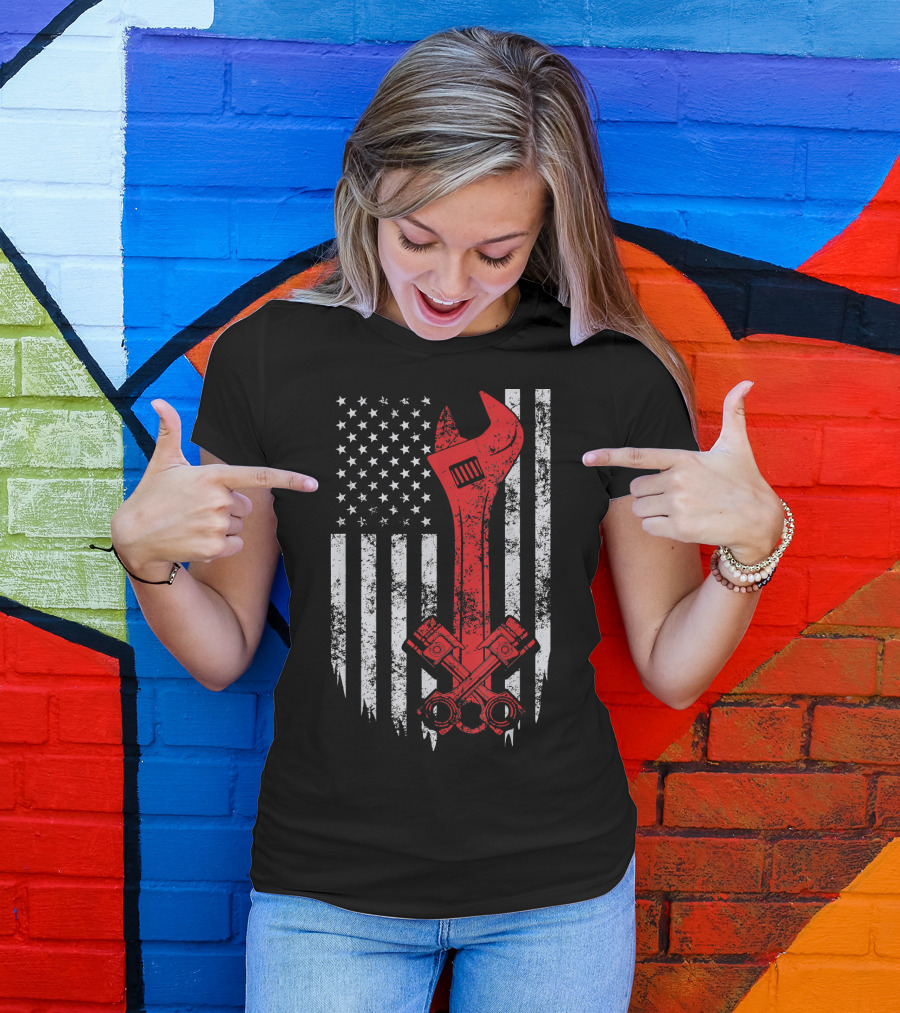 American Mechanic Wrench USA Flag Piston T-Shirt