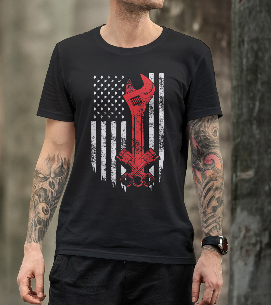 American Mechanic Wrench USA Flag Piston T-Shirt