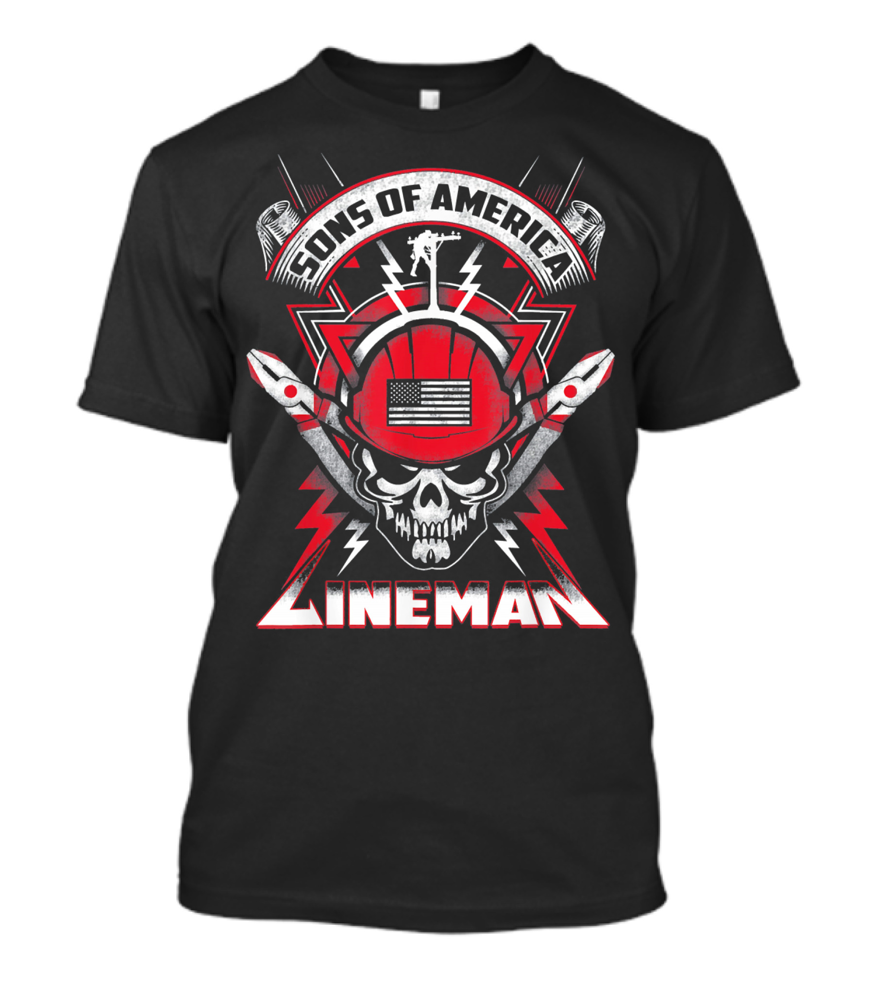 Sons Of America Lineman Skull With American Flag And Hard Hat T-Shirt