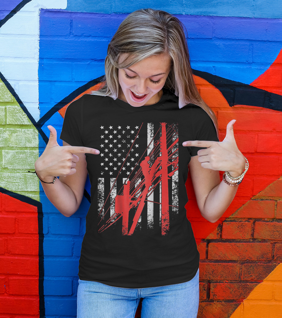 American Flag Lineman Electrician Pole Climber T-Shirt