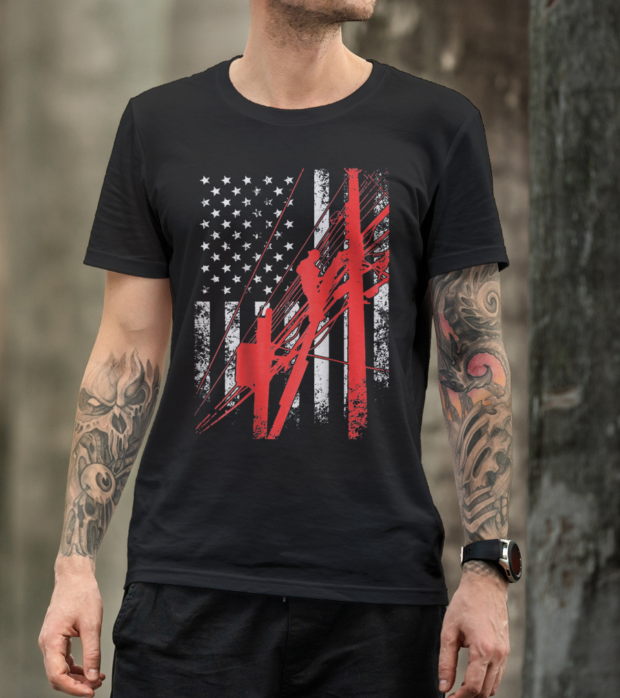 American Flag Lineman Electrician Pole Climber T-Shirt