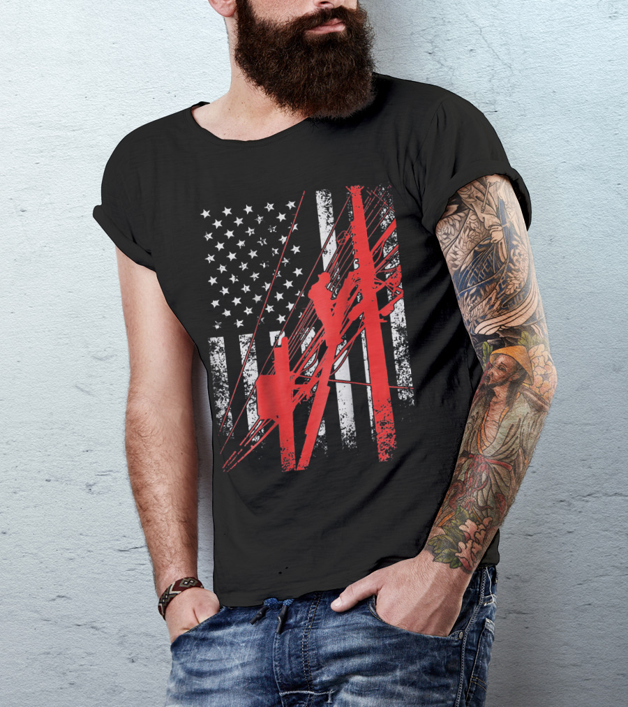 American Flag Lineman Electrician Pole Climber T-Shirt