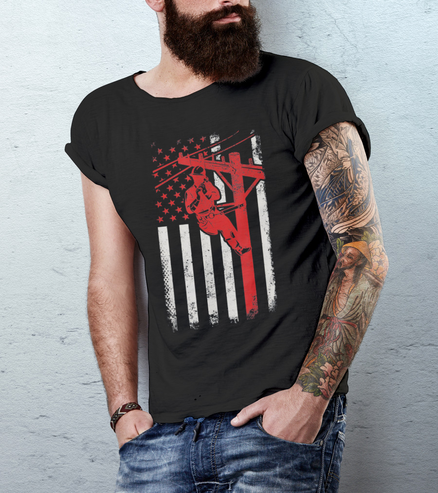 Lineman Climbing Pole American Flag Electric Patriotic T-Shirt