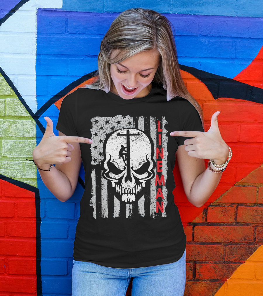 Lineman US Flag Grunge Skull T-Shirt