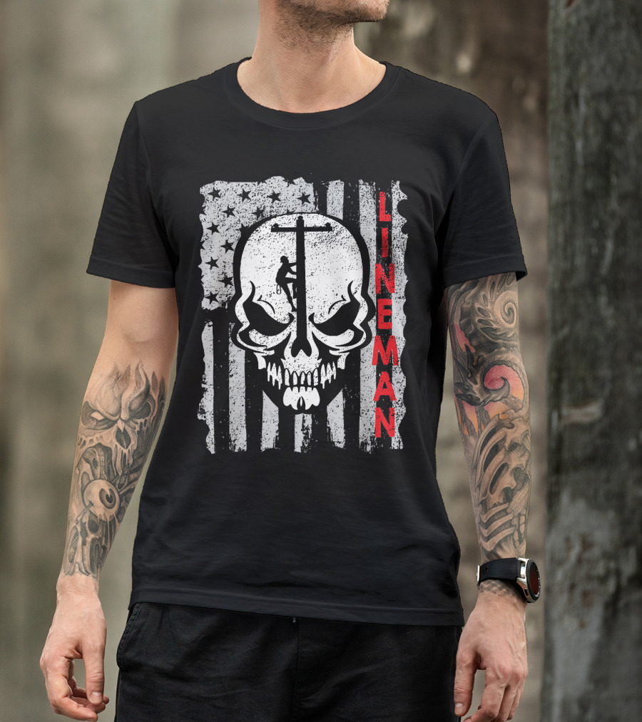 Lineman US Flag Grunge Skull T-Shirt