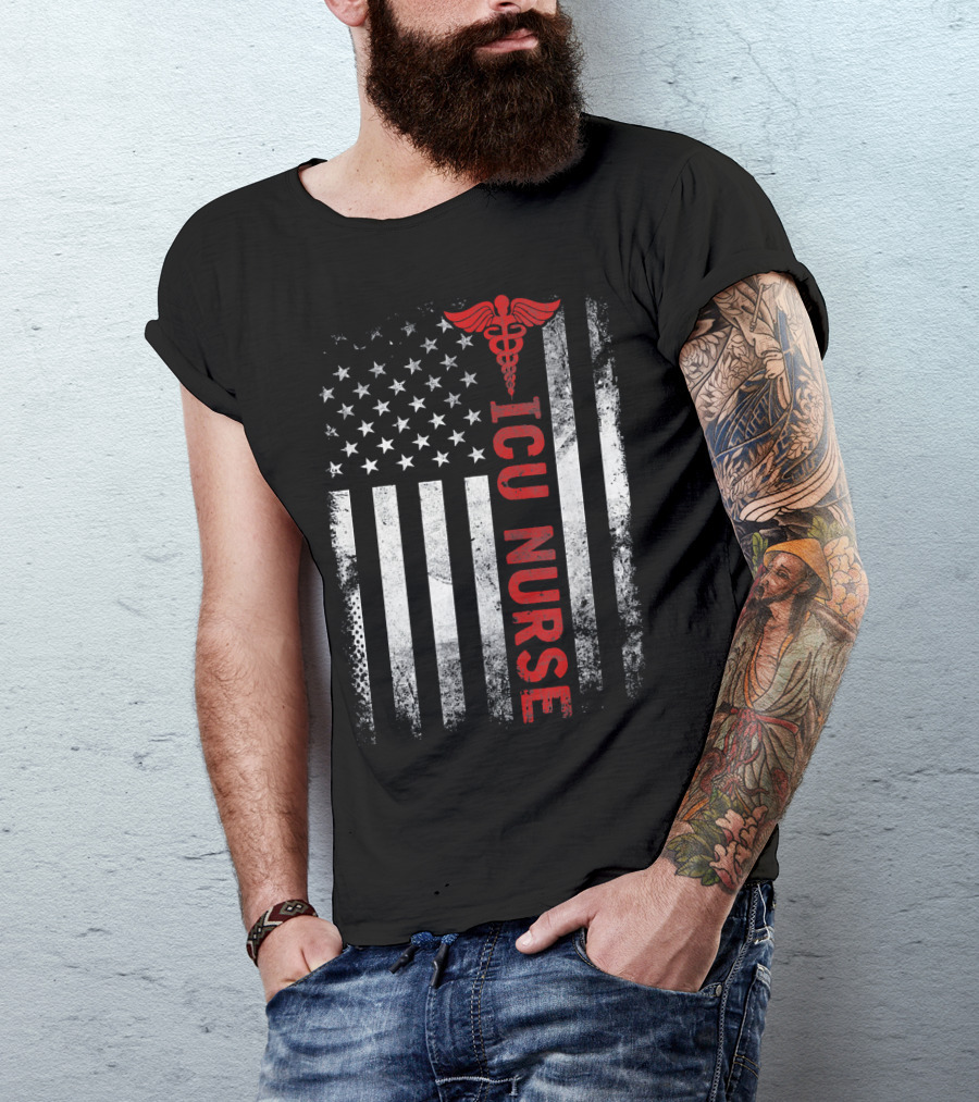 ICU Nurse American Flag Caduceus T-Shirt