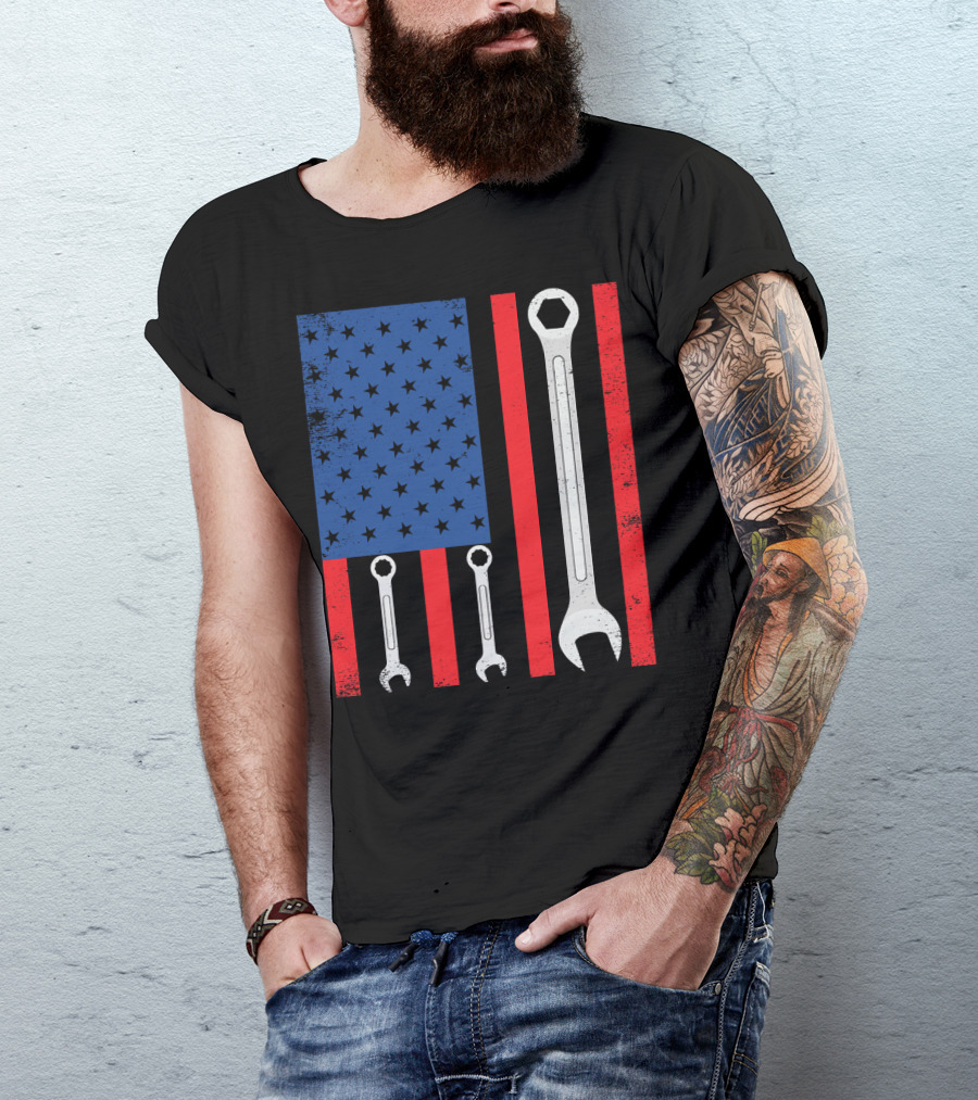 Mechanic Wrench American Flag Baseball Spo T-Shirt