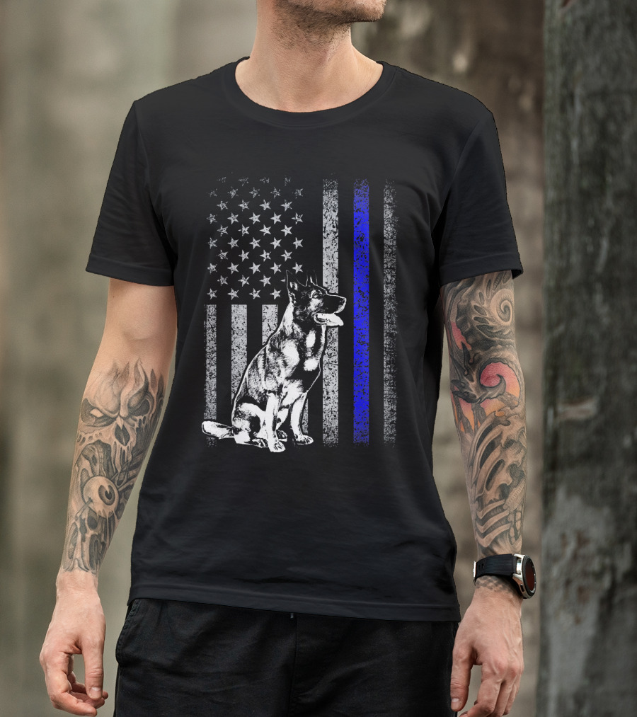 K9 Trainer Thin Blue Line American Flag With German Shepherd T-Shirt