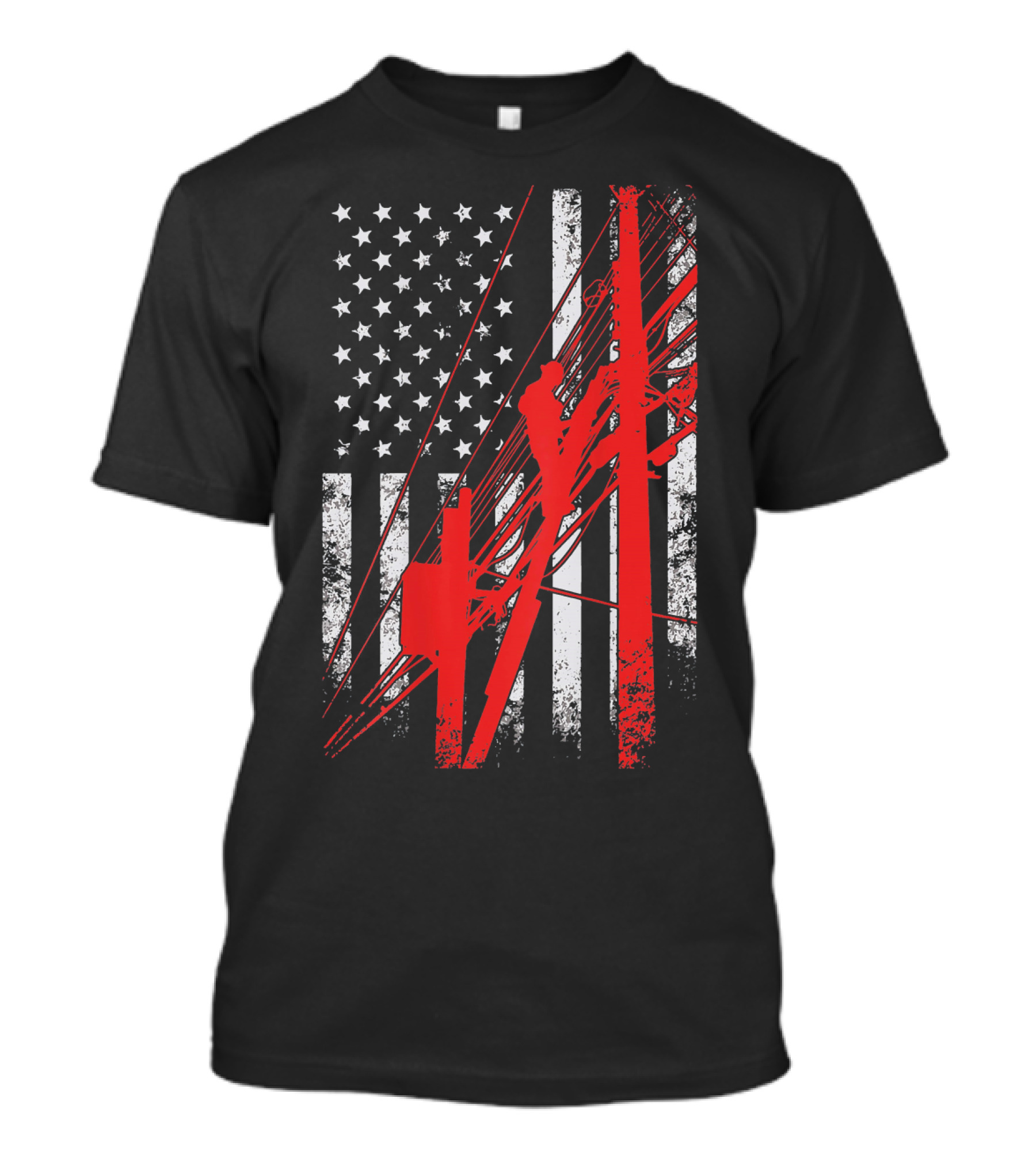 Lineman USA Flag With Red Power Pole And Climber T-Shirt