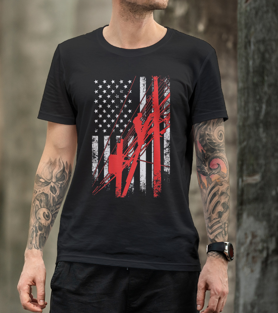 Lineman USA Flag With Red Power Pole And Climber T-Shirt