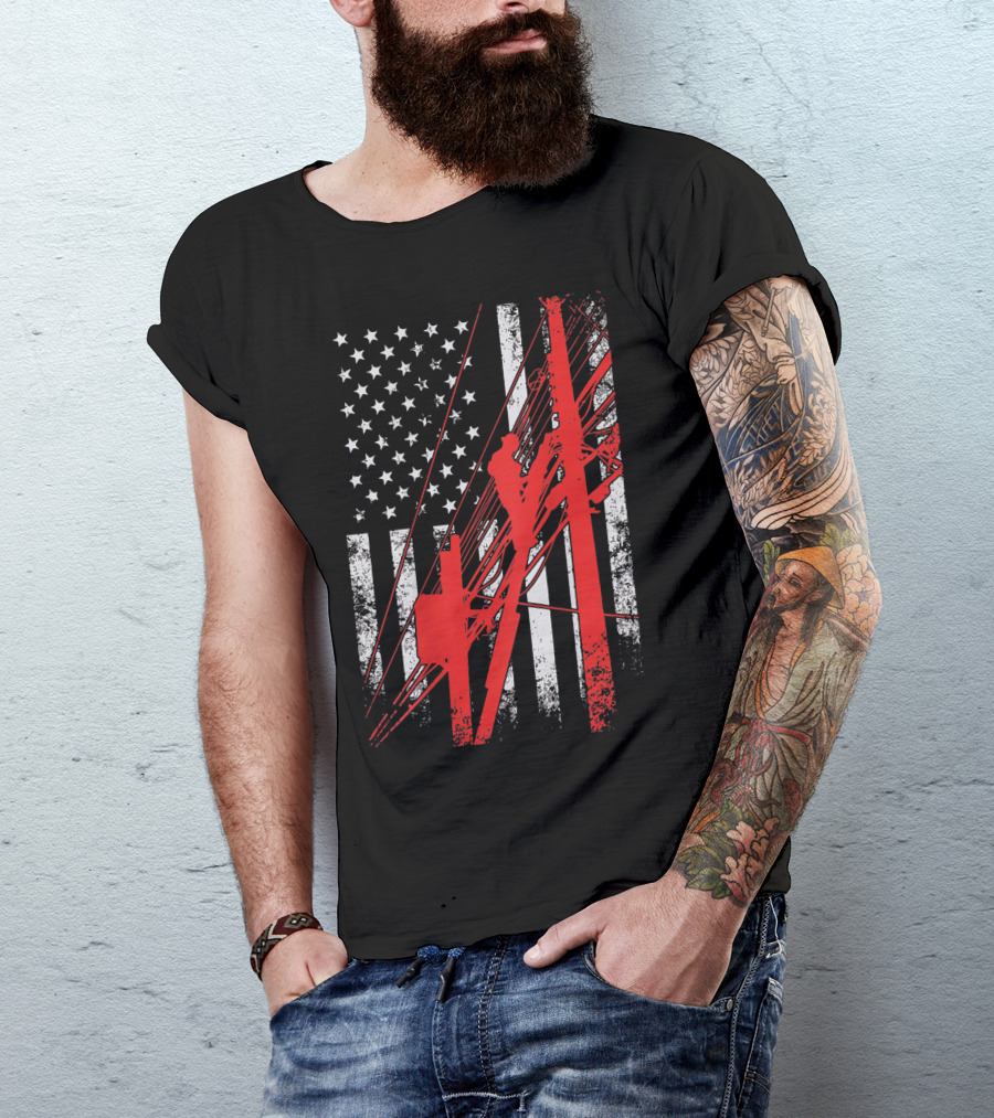 Lineman USA Flag With Red Power Pole And Climber T-Shirt