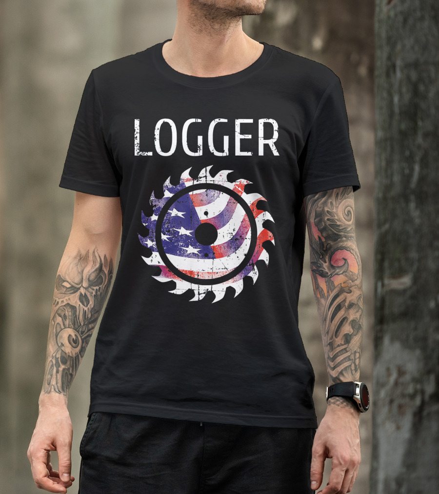 Logger Logging Lumberjack Patriotic American Flag Saw Blade T-Shirt